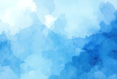 The primary subject of the image is a blue cloudy sky. The setting is a cloudy blue sky with a few white clouds. The visual style is a watercolor painting, giving the image a vibrant and artistic appearance. The dominant colors are blue and white, creating a serene and calming atmosphere.