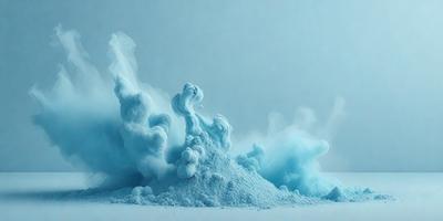 The primary subject of the image is a large pile of blue powder, which appears to be a mix of ice and snow. The setting is a white background, which contrasts with the blue powder. The visual style is a combination of photo and digital art, creating a unique and eye-catching scene. The dominant colors are blue and white, giving the image a cool and refreshing atmosphere.
