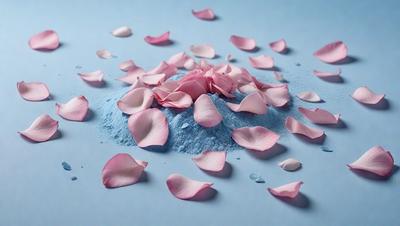 The primary subject of the image is a pile of pink petals, which are scattered across a blue surface. The setting appears to be a table or a similar flat surface. The visual style of the image is a close-up of the petals, showcasing their delicate and beautiful appearance. The colors in the image are predominantly pink and blue, creating a serene and calming atmosphere.