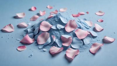 The primary subject of the image is a pile of pink petals, which are scattered on a white surface. The setting appears to be a studio or a controlled environment, as the petals are arranged in a visually appealing manner. The visual style of the image is a combination of photo and digital art, creating a unique and artistic representation of the pink petals. The colors and mood of the image are predominantly pink, which gives it a warm and inviting atmosphere.