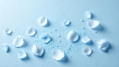 The primary subject of the image is a collection of white flowers, which are scattered across a blue surface. The setting appears to be a white background, which contrasts with the blue surface and the flowers. The visual style of the image is a close-up of the flowers, showcasing their details and textures. The colors and mood of the image are predominantly blue and white, creating a serene and calming atmosphere.