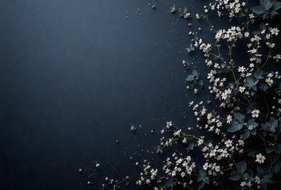 The primary subject of the image is a close-up of a flower, possibly a cherry blossom, with a blue background. The visual style appears to be a digital art or illustration, as the flower is depicted in a detailed and artistic manner. The colors in the image are predominantly white and blue, creating a serene and calming atmosphere.