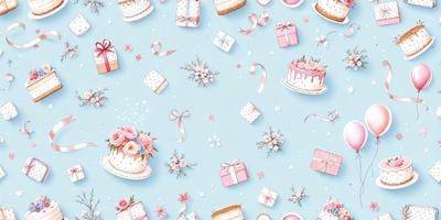 The primary subject of the image is a collection of cakes and flowers. The setting is a blue background, and the visual style is a combination of digital art and illustration. The colors are predominantly pink and white, creating a warm and inviting atmosphere.