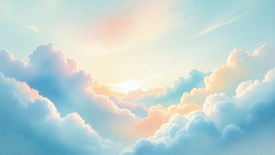 The primary subject of the image is a beautiful, colorful cloudy sky. The setting is a bright, sunny day with a clear blue sky. The visual style is a combination of digital art and illustration, creating a vibrant and lively atmosphere. The colors and mood are predominantly blue and white, with a hint of pink, giving the scene a serene and peaceful ambiance.
