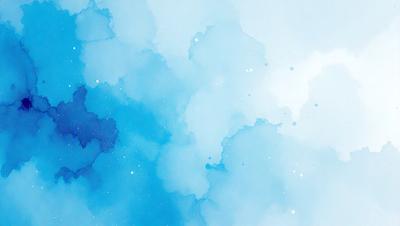 The primary subject of the image is a blue and white cloudy sky. The setting is a cloudy blue sky, and the visual style is a watercolor painting. The dominant colors are blue and white, creating a serene and calming atmosphere.