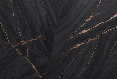 The primary subject of the image is a close-up of a marble countertop with a wood grain pattern. The setting is a kitchen or bathroom counter, and the visual style is a photo. The countertop has a black and brown color scheme, giving it a sophisticated and elegant appearance.