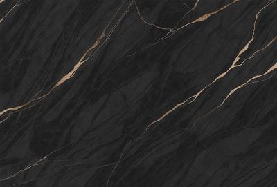 The primary subject of the image is a black marble tile with gold accents. The setting is a black background, and the visual style is a close-up of the tile. The colors and mood of the image are dark and dramatic, with the gold accents adding a touch of luxury and sophistication.
