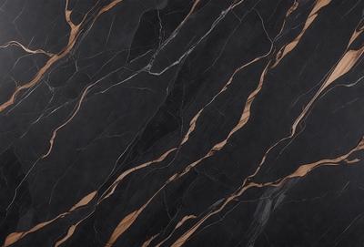 The primary subject of the image is a black marble countertop with a wood grain pattern. The setting is a kitchen, and the visual style is a close-up of the countertop. The colors and mood of the image are dark and dramatic, with the black marble and wood grain pattern creating a striking contrast against the background.