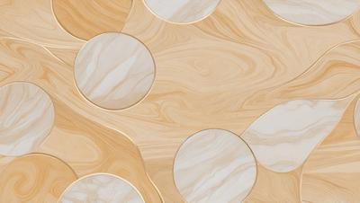 The primary subject of the image is a wooden table with a marble top. The table is surrounded by a variety of round wooden circles, creating a visually appealing and unique design. The setting appears to be a room with a wooden floor, and the visual style is a combination of natural materials and craftsmanship. The colors and mood of the scene are predominantly neutral, with the wooden table and circles providing a warm and inviting atmosphere.