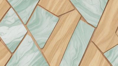 The primary subject of the image is a wooden tile with a unique design. The tile is placed on a green marble surface, creating a visually appealing contrast between the two materials. The setting appears to be a bathroom, as the tile is part of a larger design that includes other tiles and possibly a countertop. The visual style of the image is a combination of photo and digital art, as it captures the intricate details of the wooden tile and the marble surface. The colors and mood of the image are pre