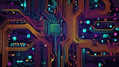 The primary subject of the image is a computer circuit board with a green square in the center. The setting is a colorful, abstract background that features a mix of blue, green, and purple colors. The visual style is a combination of digital art and illustration, creating a vibrant and dynamic scene. The overall atmosphere is energetic and creative, with the circuit board and its surroundings evoking a sense of technological innovation and imagination.