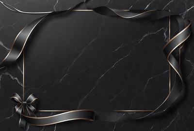 The primary subject of the image is a black marble table with a gold ribbon wrapped around it. The setting is a dark room, and the visual style appears to be a combination of a photo and digital art. The colors and mood of the image are dark and sophisticated, with the gold ribbon adding a touch of elegance.