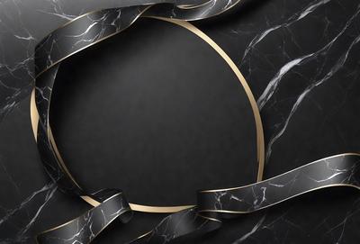 The primary subject of the image is a large, round, black marble table with a gold ring around it. The table is set against a dark background, creating a striking contrast. The visual style of the image is a combination of photo and digital art, giving it a unique and artistic appearance. The colors and mood of the image are predominantly dark, with the gold ring adding a touch of warmth and elegance to the overall atmosphere.