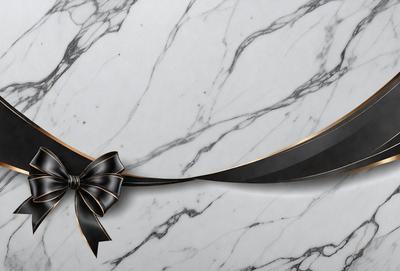 The primary subject of the image is a black bow, which is the main focus of the scene. The setting is a marble countertop, and the visual style appears to be a photo. The colors in the image are predominantly black, giving the scene a sophisticated and elegant atmosphere.