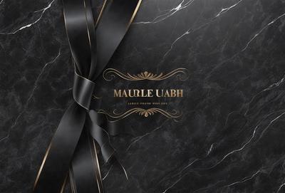 The primary subject of the image is a black bow, which is prominently displayed on a marble surface. The setting appears to be a black and gold background, giving the image a sophisticated and elegant appearance. The visual style is a combination of photo and digital art, creating a unique and eye-catching design. The colors and mood of the image are predominantly black and gold, which contribute to the overall atmosphere of luxury and refinement.