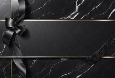The primary subject of the image is a black marble table with a gold ribbon wrapped around it. The setting is a black and white marble table, which adds a sense of elegance and sophistication to the scene. The visual style is a close-up of the marble table, highlighting the intricate details of the marble surface and the gold ribbon. The colors and mood of the image are predominantly black and white, creating a classic and timeless atmosphere.