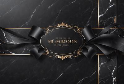 The primary subject of the image is a black bow with gold trim, which is placed on a black marble surface. The setting is a black and gold background, giving the image a sophisticated and elegant appearance. The visual style is a combination of digital art and illustration, creating a unique and eye-catching design. The colors and mood of the image are predominantly black and gold, with a touch of elegance and luxury.