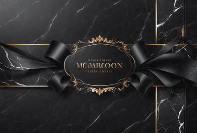 The primary subject of the image is a black bow with gold trim, which is placed on a black and gold background. The setting appears to be a marble surface, which adds to the luxurious and elegant atmosphere of the scene. The visual style of the image is a combination of photo and digital art, creating a unique and eye-catching design. The colors and mood of the image are predominantly black and gold, giving it a sophisticated and refined appearance.