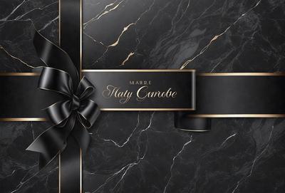 The primary subject of the image is a black and gold box with a bow on top. The box is placed on a marble surface, which adds a luxurious touch to the scene. The visual style of the image is a combination of photo and digital art, creating a unique and elegant presentation. The colors and mood of the image are predominantly black and gold, giving it a sophisticated and elegant appearance.