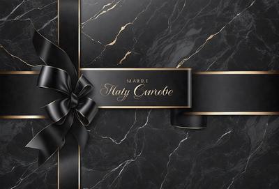 The primary subject of the image is a black and gold box with a bow on top. The box is placed on a marble surface, which adds a luxurious touch to the scene. The visual style of the image is a combination of photo and digital art, creating a sophisticated and elegant presentation. The colors and mood of the image are predominantly black and gold, giving it a sense of luxury and refinement.