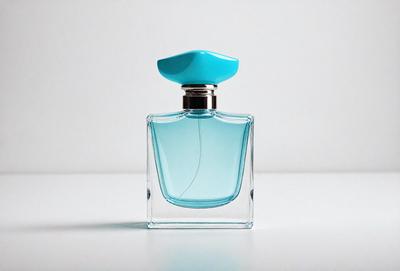 The primary subject of the image is a bottle of perfume, which is placed on a white surface. The setting is a plain background, and the visual style is a close-up of the bottle. The dominant colors in the image are blue and white, creating a clean and elegant atmosphere.