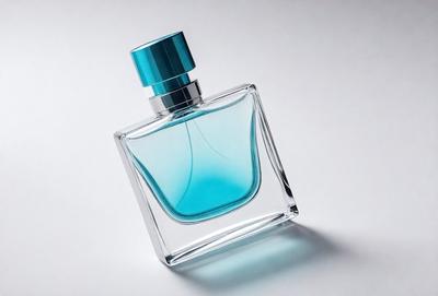 The primary subject of the image is a bottle of cologne. The setting is a white background, and the visual style is a close-up of the bottle. The dominant colors are blue and white, creating a clean and refreshing atmosphere.