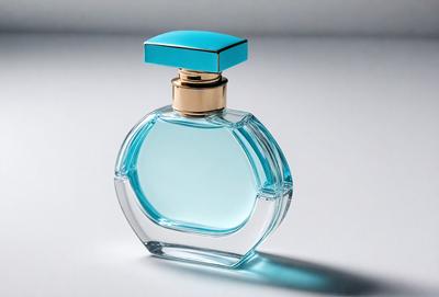 The primary subject of the image is a bottle of perfume, which is the main object in the scene. The setting is a white background, and the visual style is a photo. The dominant colors in the image are blue and white, creating a calm and serene atmosphere.