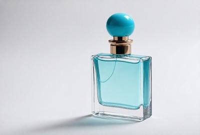 The primary subject of the image is a bottle of perfume, which is placed on a white surface. The setting is a plain background, and the visual style is a close-up of the bottle. The colors and mood of the image are predominantly white, giving it a clean and minimalist appearance.