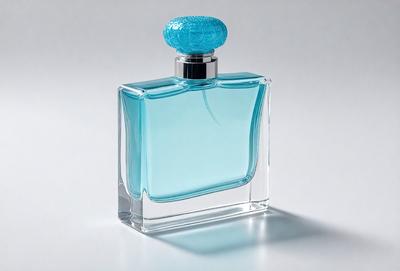 The primary subject of the image is a bottle of perfume. The setting is a white background, and the visual style is a close-up of the bottle. The dominant colors are blue and clear, giving the bottle a clean and elegant appearance. The overall atmosphere is sophisticated and refined.