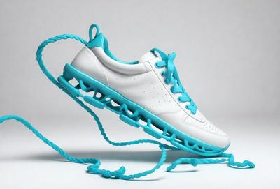 The primary subject of the image is a pair of white and blue tennis shoes. The shoes are placed on a white surface, which serves as the background. The visual style of the image is a photo, capturing the details of the shoes and their surroundings. The colors and mood of the image are predominantly white and blue, creating a clean and fresh atmosphere.