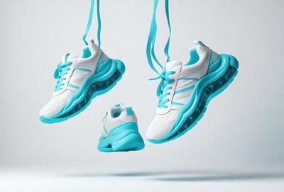 The primary subject of the image is a pair of white and blue sneakers. The setting is a white background, and the visual style is a photo. The colors and mood of the image are predominantly blue and white, creating a clean and fresh appearance.