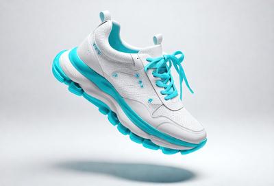 The primary subject of the image is a pair of white and blue sneakers. The sneakers are floating in the air, giving the impression of being weightless. The setting is a white background, which provides a clean and minimalist look to the image. The visual style is a combination of photo and digital art, creating a unique and eye-catching presentation. The colors and mood of the image are predominantly blue and white, giving it a fresh and vibrant appearance.