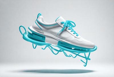 The primary subject of the image is a pair of white and blue sneakers. The sneakers are floating in the air, giving the impression of being suspended. The setting is a white background, which provides a clean and minimalist look to the image. The visual style is a combination of photo and digital art, creating a unique and eye-catching effect. The colors and mood of the image are predominantly blue and white, giving it a fresh and modern feel.