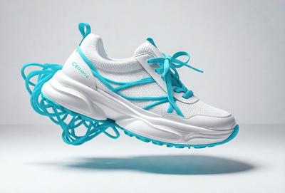 The primary subject of the image is a pair of white and blue sneakers. The sneakers are placed on a white surface, which serves as the setting or background. The visual style of the image is a photo, capturing the details of the sneakers and the white surface. The colors and mood of the image are predominantly white and blue, creating a clean and fresh atmosphere.