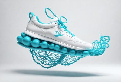 The primary subject of the image is a pair of white tennis shoes with blue laces. The shoes are floating in the air, seemingly defying gravity. The setting is a white background, which provides a clean and minimalist appearance. The visual style is a combination of photo and digital art, creating a unique and eye-catching image. The colors and mood of the image are predominantly blue and white, giving it a calm and serene atmosphere.