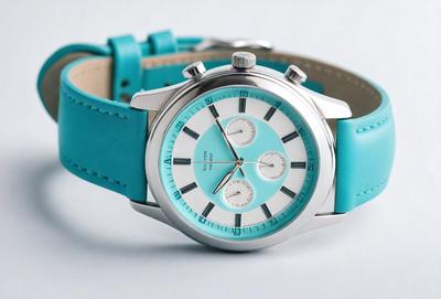 The primary subject of the image is a blue watch with a white face. The watch is placed on a white surface, which serves as the background. The visual style of the image is a photo, capturing the details of the watch and its surroundings. The colors in the image are predominantly blue and white, creating a clean and elegant atmosphere.