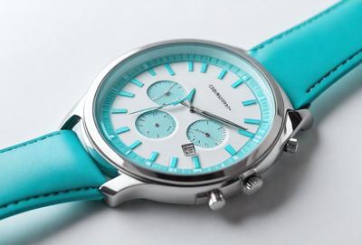 The primary subject of the image is a blue and white watch. The watch is placed on a white surface, which serves as the background. The visual style of the image is a photo, capturing the details of the watch. The colors and mood of the image are predominantly blue and white, giving it a clean and modern appearance.