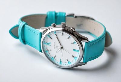 The primary subject of the image is a blue watch with a white face. The watch is placed on a white surface, which serves as the background. The visual style of the image is a photo, capturing the details of the watch and its surroundings. The colors and mood of the image are predominantly blue and white, creating a clean and minimalist appearance.