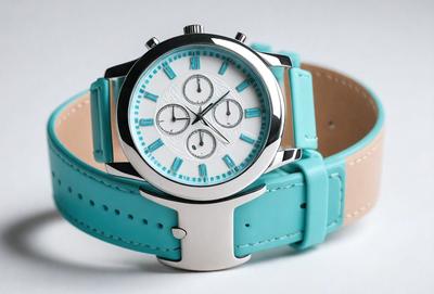 The primary subject of the image is a watch with a blue band. The watch is placed on a white surface, which serves as the background. The visual style of the image is a photo, capturing the details of the watch and its band. The colors and mood of the image are predominantly blue, giving it a calm and soothing atmosphere.