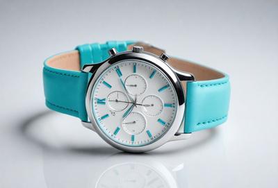 The primary subject of the image is a watch with a blue band. The watch is placed on a white surface, which serves as the background. The visual style of the image is a photo, capturing the details of the watch and its band. The colors and mood of the image are predominantly white and blue, creating a clean and elegant appearance.