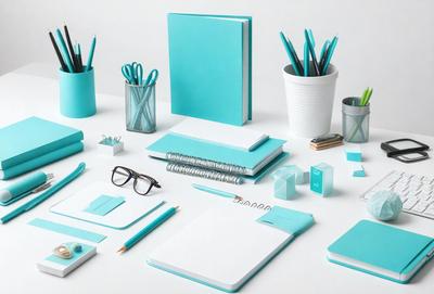 The primary subject of the image is a desk with various office supplies and materials. The setting is an office environment, and the visual style is a photo. The colors and mood of the image are predominantly blue, creating a calm and organized atmosphere.