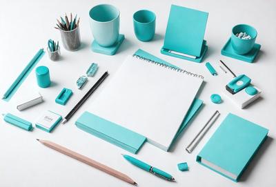 The primary subject of the image is a desk with various office supplies and items. The setting is an office environment, and the visual style is a photo. The colors and mood of the image are predominantly blue, giving it a calm and organized appearance.