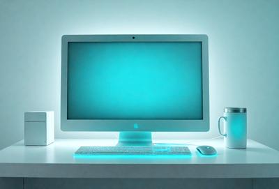 The primary subject of the image is a computer monitor sitting on a desk. The monitor is lit up, creating a blue glow. The setting is a desk with a keyboard and a mouse, indicating a workspace. The visual style is a photo, capturing the details of the computer monitor and its surroundings. The colors and mood of the image are predominantly blue, creating a calm and focused atmosphere.