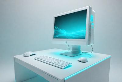 The primary subject of the image is a white computer monitor sitting on a white desk. The monitor is turned on, displaying a blue screen. The setting is a white room, which provides a clean and minimalist backdrop for the computer monitor. The visual style is a realistic representation of the computer monitor and its surroundings. The colors and mood of the image are predominantly white, giving it a clean and modern appearance.