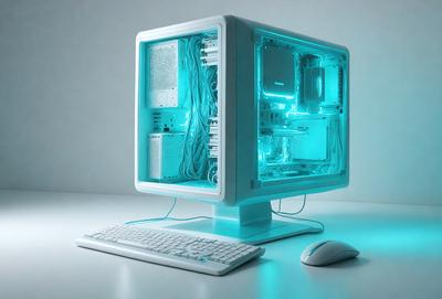 The primary subject of the image is a computer monitor with a blue glow. The monitor is placed on a white surface, which could be a table or a desk. The visual style of the image is a digital art or illustration, as the monitor appears to be a futuristic or neon-lit design. The colors and mood of the image are predominantly blue, creating a cool and modern atmosphere.