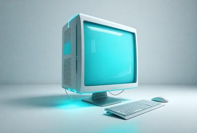 The primary subject of the image is a computer monitor, which is placed on a white surface. The monitor is blue and white, and it is turned on. The setting appears to be a workspace or a room with a desk. The visual style of the image is a combination of photo and digital art, creating a modern and sleek appearance. The dominant colors in the image are blue and white, giving the scene a clean and professional atmosphere.