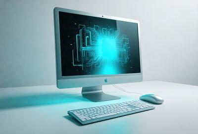 The primary subject of the image is a computer monitor, which is placed on a desk. The monitor is turned on and displaying a blue screen. The setting is an office environment, with a desk and a keyboard in front of the monitor. The visual style is a photo, capturing the details of the computer monitor and its surroundings. The colors and mood of the image are predominantly blue, creating a calm and focused atmosphere.
