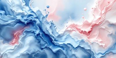 The primary subject of the image is a painting of a blue and white ocean with red and white clouds. The setting is a blue and white ocean with red and white clouds, and the visual style is a painting. The dominant colors are blue, white, red, and white, creating a serene and calming atmosphere.