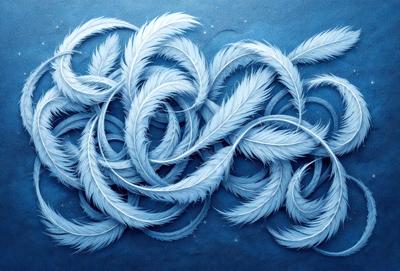The primary subject of the image is a blue background with a swirling pattern of white feathers. The visual style appears to be a digital art or illustration, as the feathers are depicted in a detailed and intricate manner. The colors and mood of the image are predominantly blue and white, creating a serene and calming atmosphere.
