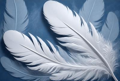 The primary subject of the image is a close-up of a white feather. The setting is a blue background, which creates a striking contrast with the white feather. The visual style appears to be a digital art or illustration, as the feather is depicted in a detailed and realistic manner. The dominant colors are white and blue, creating a clean and elegant atmosphere.
